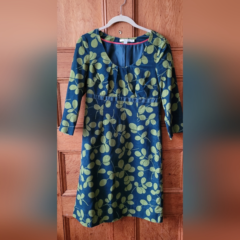 Boden Navy Dress with Green Leaf Print